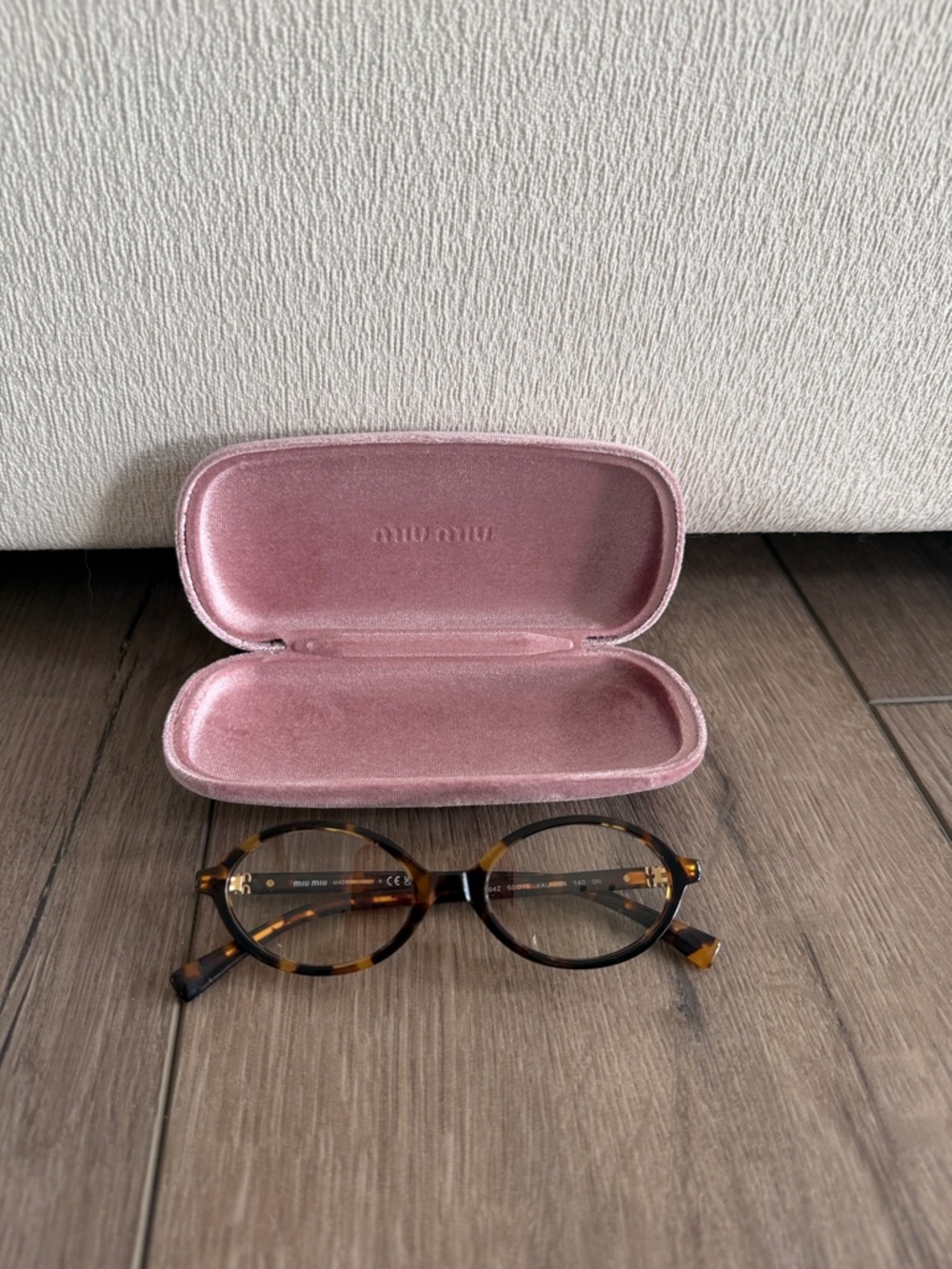 Miu Miu Tortoiseshell Round Glasses with Pink Velvet Case